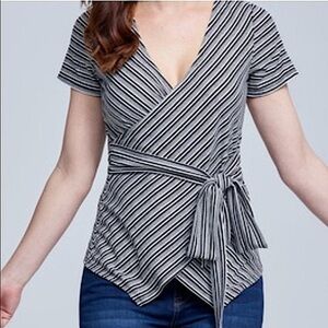 Seven 7 Striped Tie Front Ribbed Short Sleeve Blouse Shirt Top Size Small